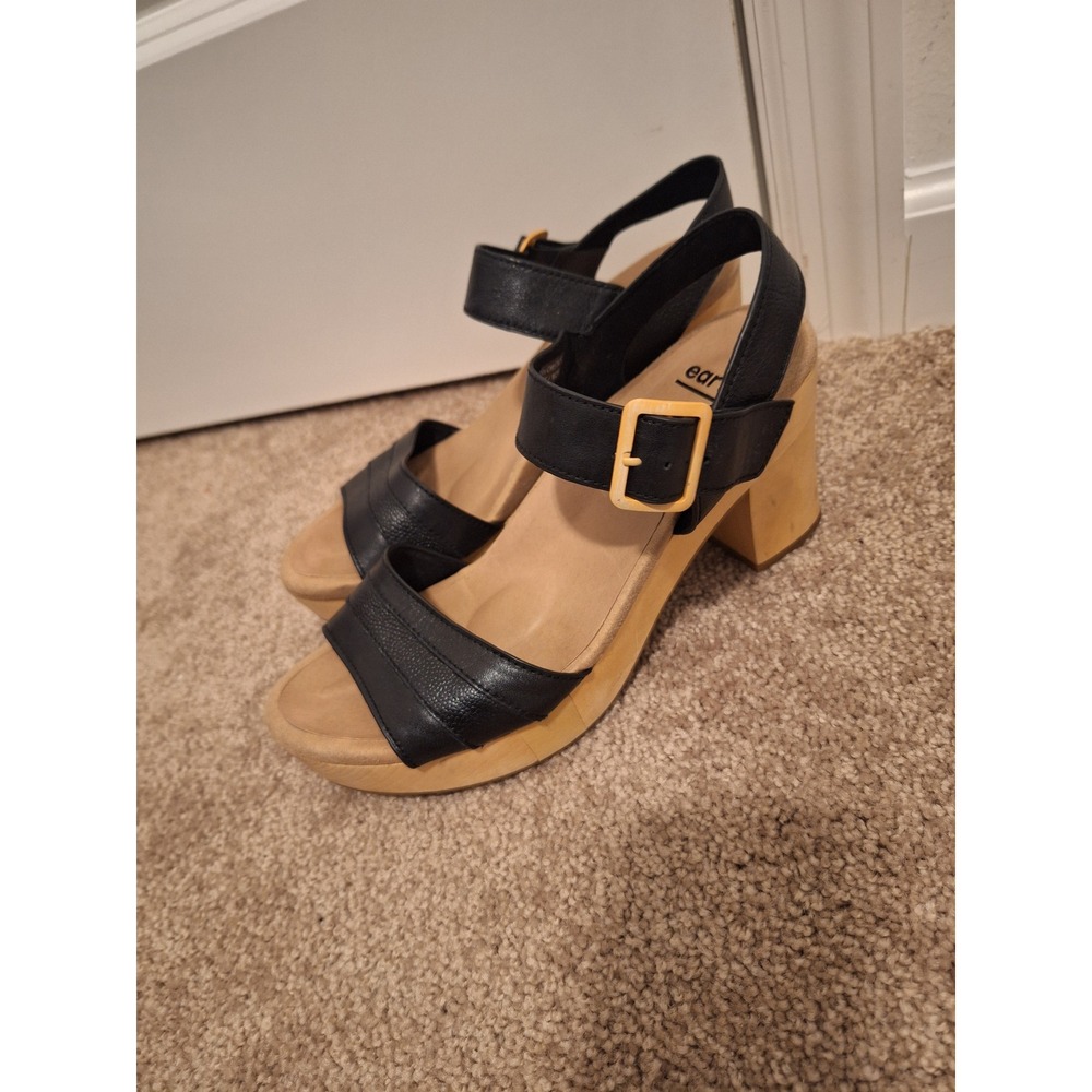 Earth Oak Chestnut Black Leather Platform Sandals Wood Block Heel Womens 8.5M